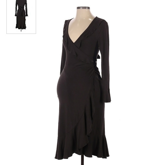 Picchu Maternity Dress Women's 1 Brown Long Sleeve V-Neck Plunge Tie Black EUC - Picture 1 of 6